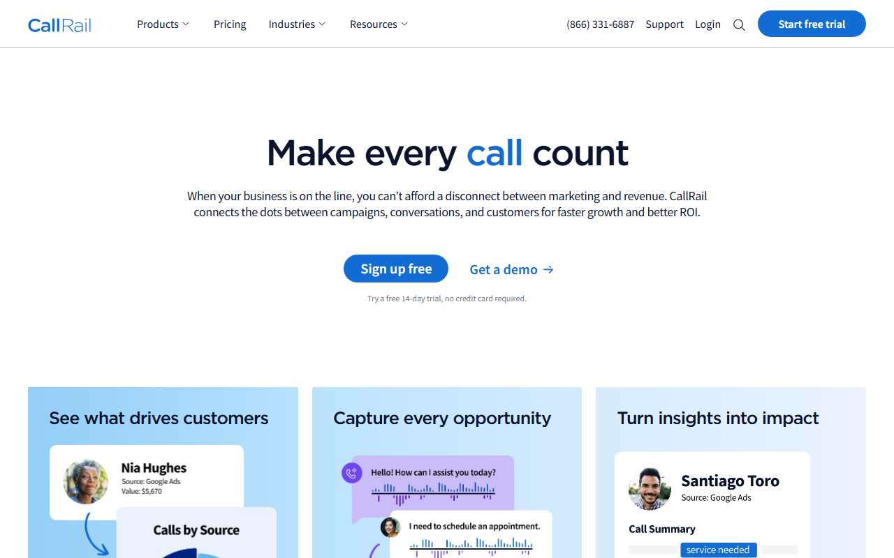 Screenshot of the CallRail homepage captured during evaluation