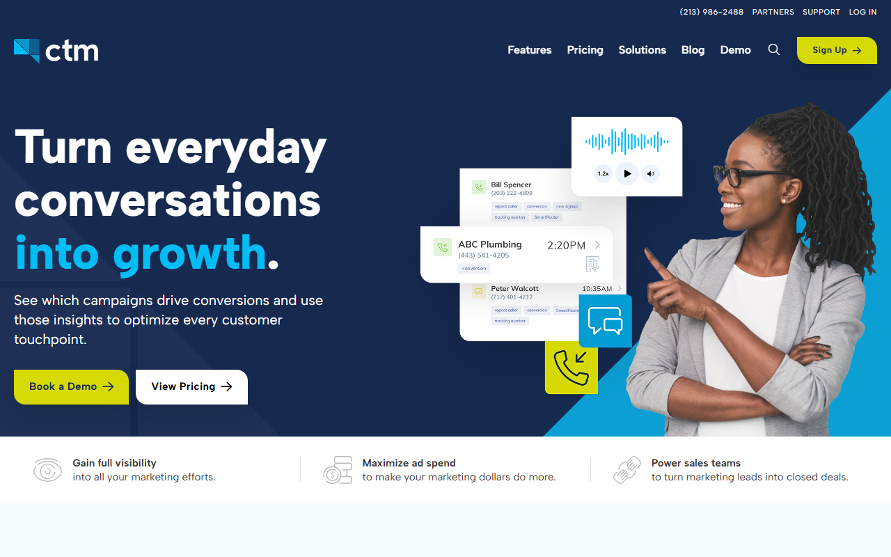 Screenshot of the CallTrackingMetrics homepage captured during evaluation