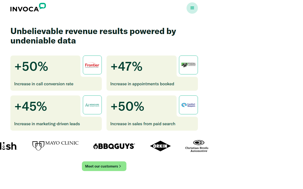 Screenshot of the Invoca homepage captured during evaluation